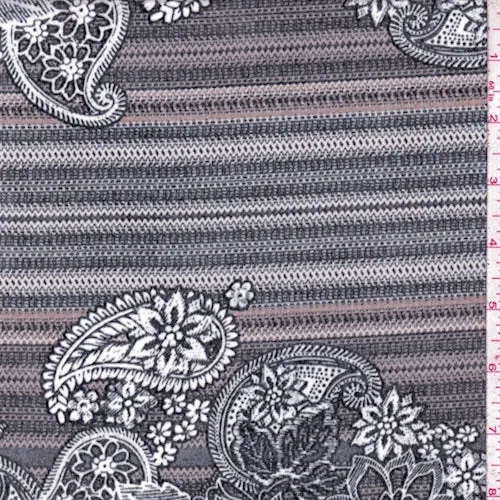 2 YD PC-ITY Black/Tan/Brown Paisley/Floral Jersey Knit Fabric