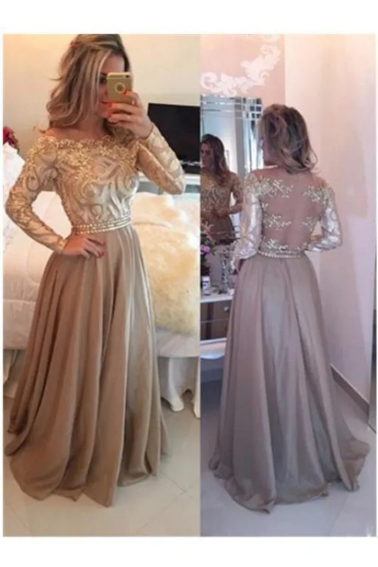 A-Line Sheer Neckline Prom Dresses Floor Length Long Sleeves Evening Dress