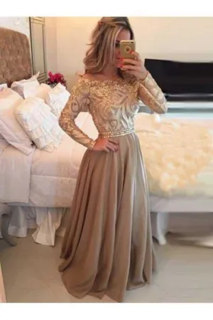 A-Line Sheer Neckline Prom Dresses Floor Length Long Sleeves Evening Dress