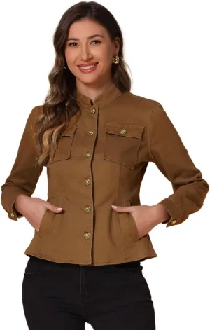 Allegra K Casual Denim Jacket for Women's Classic Stand Collar Long Sleeve Jean Jacket