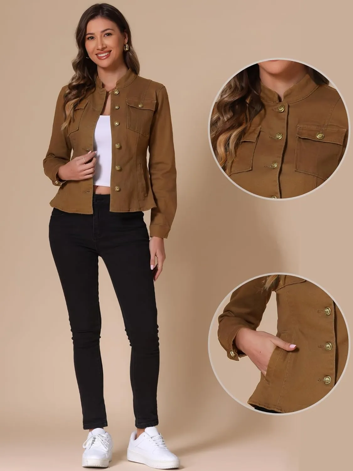 Allegra K Casual Denim Jacket for Women's Classic Stand Collar Long Sleeve Jean Jacket