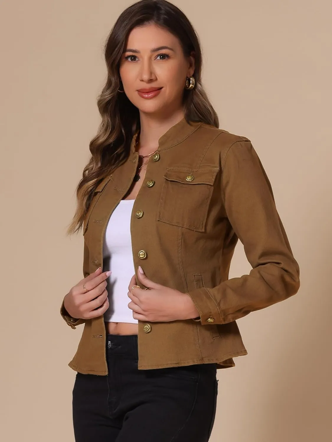 Allegra K Casual Denim Jacket for Women's Classic Stand Collar Long Sleeve Jean Jacket