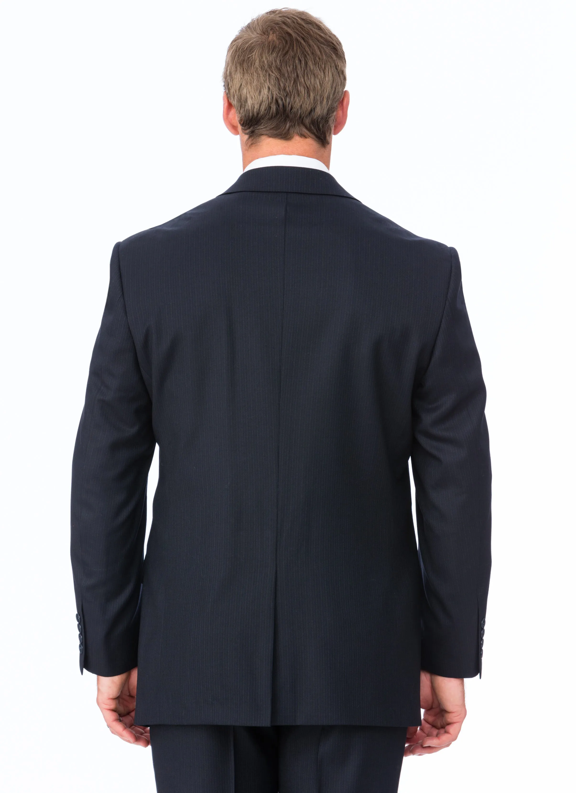 BANYAN NAVY PLEATED PURE WOOL PINSTRIPE SUIT