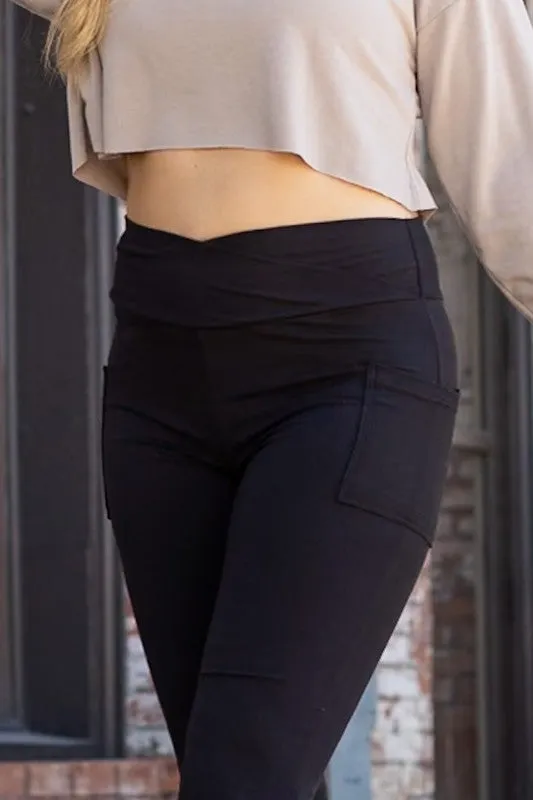 Black - Crossover Bootcut Leggings with Pockets