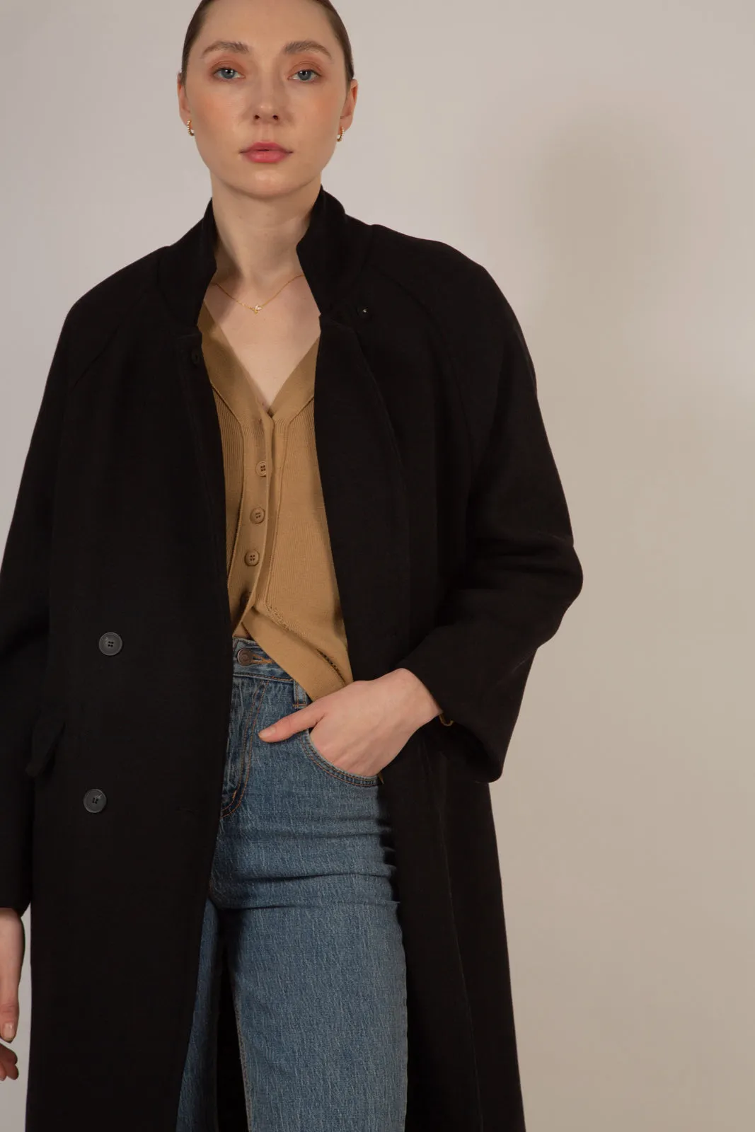 Black wool blend cocoon tailored coat