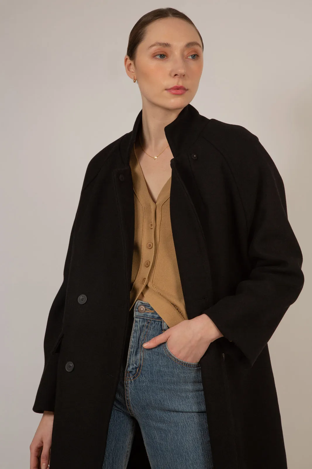 Black wool blend cocoon tailored coat