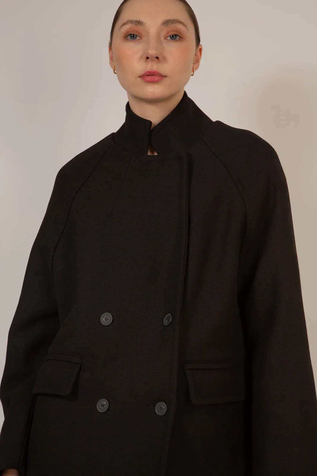 Black wool blend cocoon tailored coat