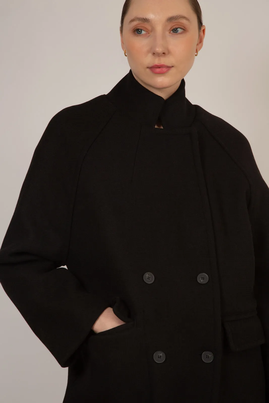 Black wool blend cocoon tailored coat