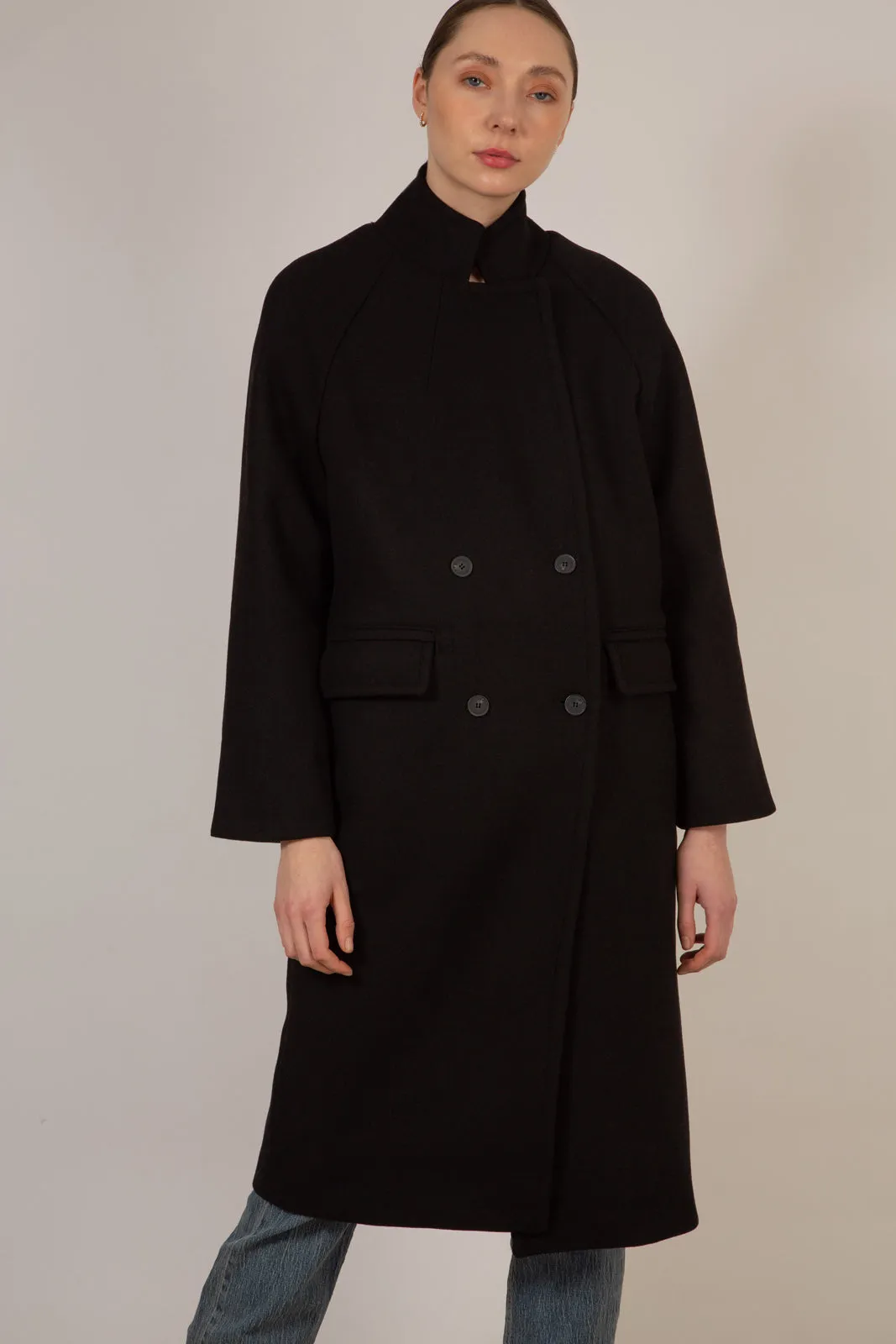 Black wool blend cocoon tailored coat