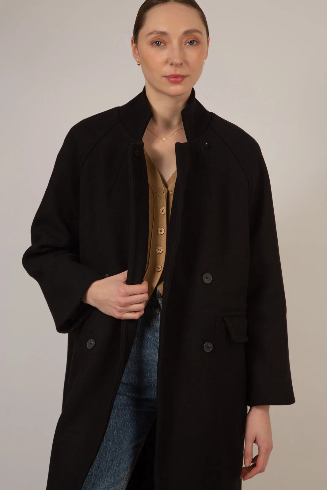 Black wool blend cocoon tailored coat