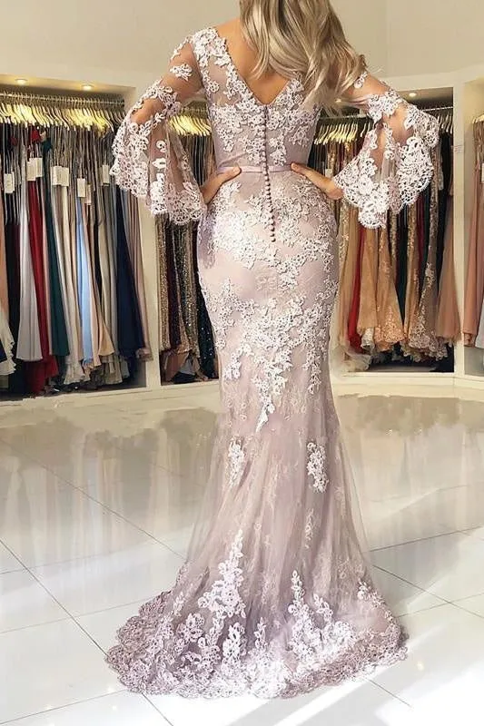 Charming V Neck Long Prom Mermaid Lace Appliqued Evening Dress with Sleeves