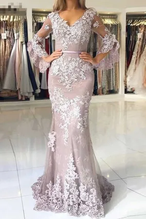 Charming V Neck Long Prom Mermaid Lace Appliqued Evening Dress with Sleeves