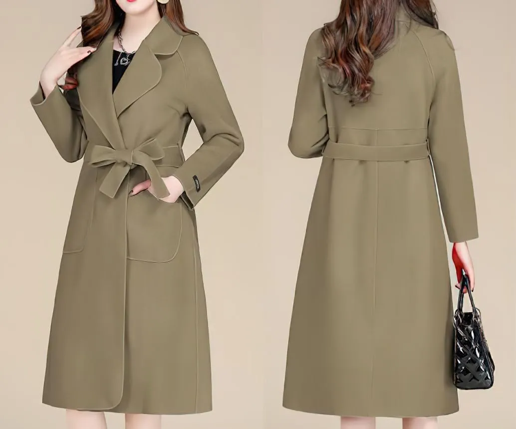 chouyatou Women Fall Winter Double Face Wool Blend Overcoat Notched Collar Wrap Midi Trench Coat with Belt