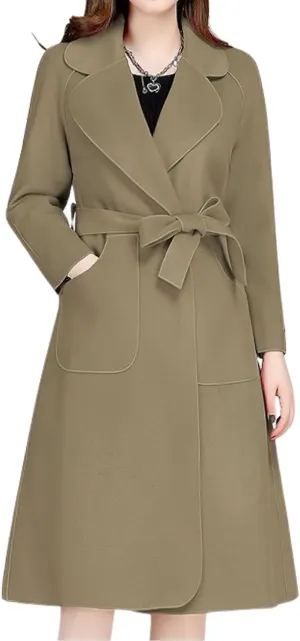 chouyatou Women Fall Winter Double Face Wool Blend Overcoat Notched Collar Wrap Midi Trench Coat with Belt