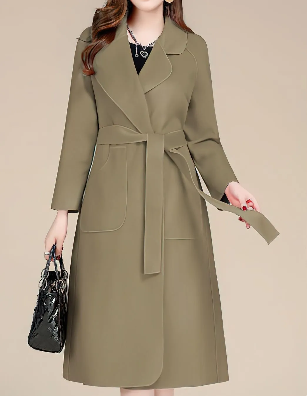 chouyatou Women Fall Winter Double Face Wool Blend Overcoat Notched Collar Wrap Midi Trench Coat with Belt