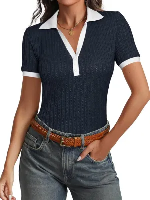 Cicy Bell Womens Fitted V Neck Polo Shirts Summer Short Sleeve Textured T-Shirts Ribbed Knit Dressy Casual Tops