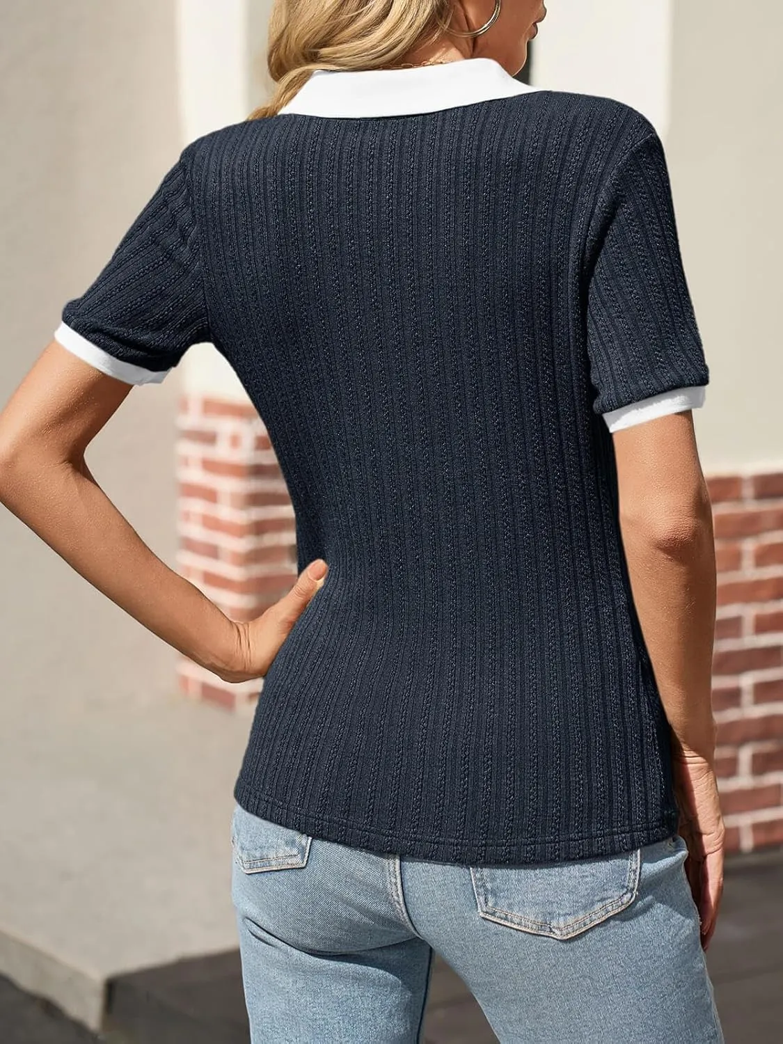Cicy Bell Womens Fitted V Neck Polo Shirts Summer Short Sleeve Textured T-Shirts Ribbed Knit Dressy Casual Tops