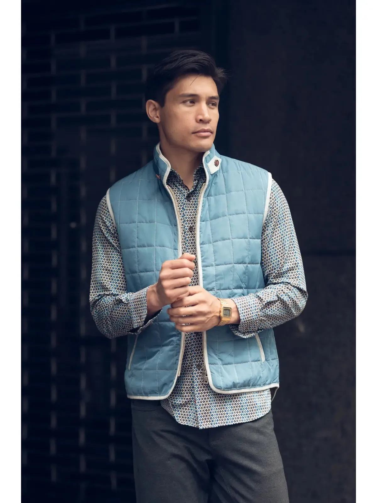 Denim Blue Quilted Zip Up Vest