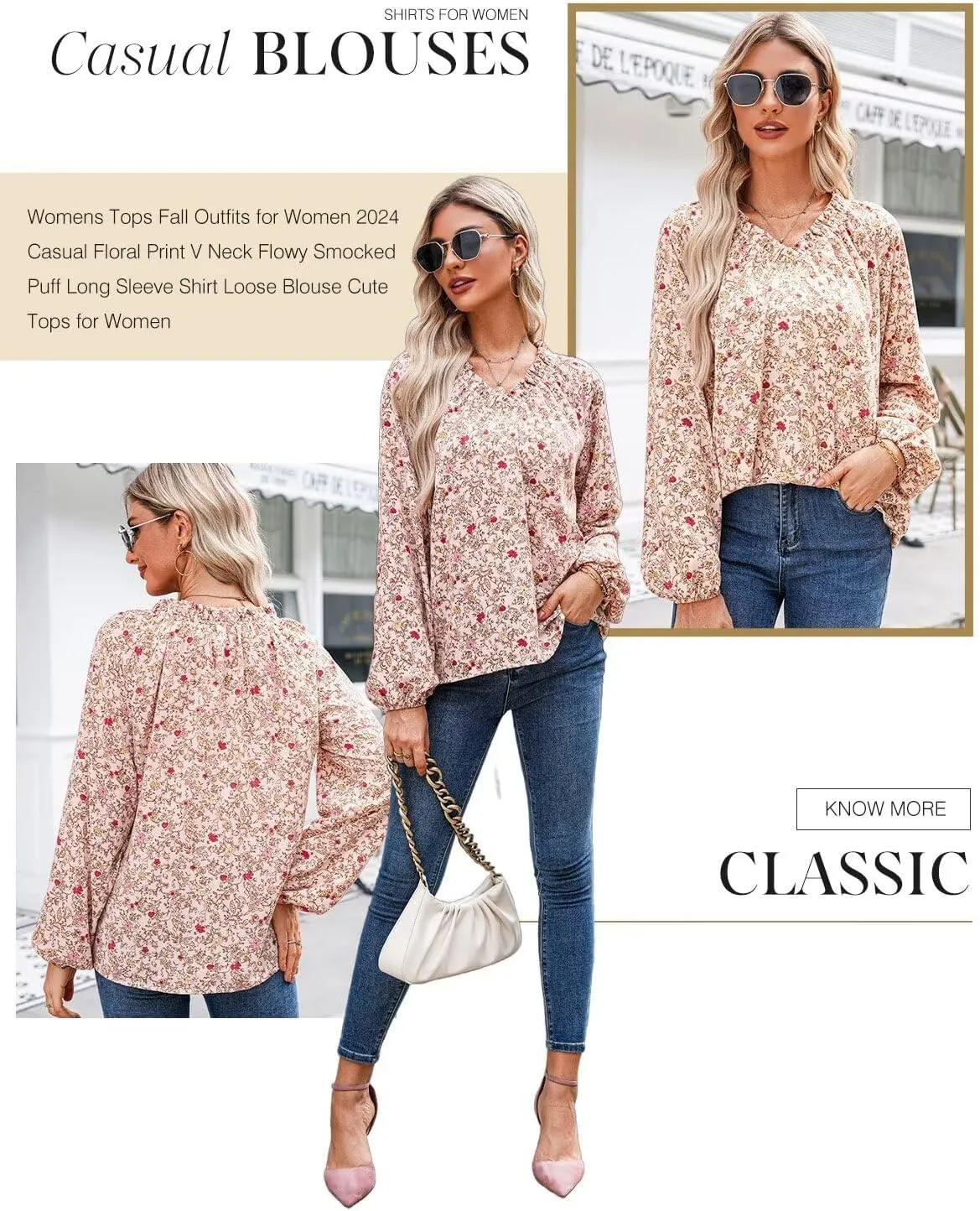 Dokotoo Womens Tops Fall Outfits for Women 2024 Casual Floral Print V Neck Flowy Smocked Puff Long Sleeve Shirt Loose Blouse
