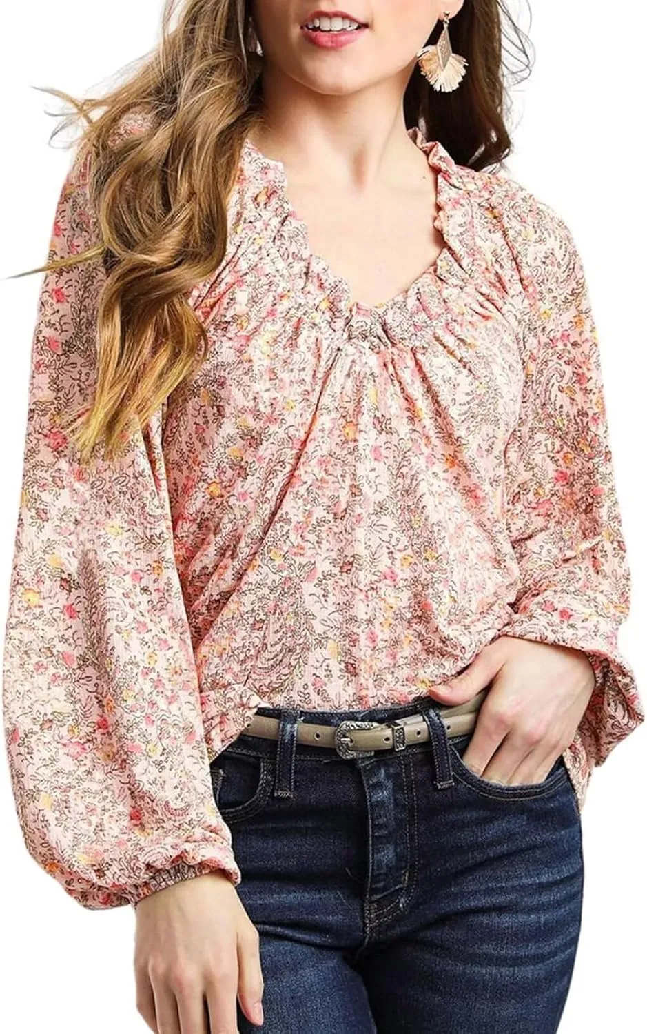 Dokotoo Womens Tops Fall Outfits for Women 2024 Casual Floral Print V Neck Flowy Smocked Puff Long Sleeve Shirt Loose Blouse