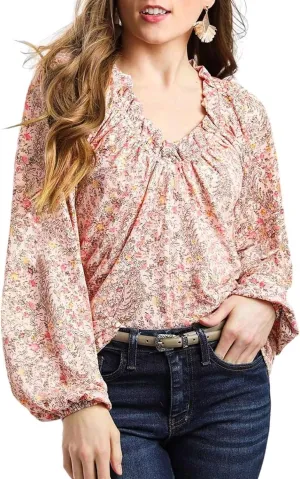 Dokotoo Womens Tops Fall Outfits for Women 2024 Casual Floral Print V Neck Flowy Smocked Puff Long Sleeve Shirt Loose Blouse