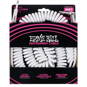 Ernie Ball Coiled Straight Angle Instrument Cable, 9 Meters Length, White
