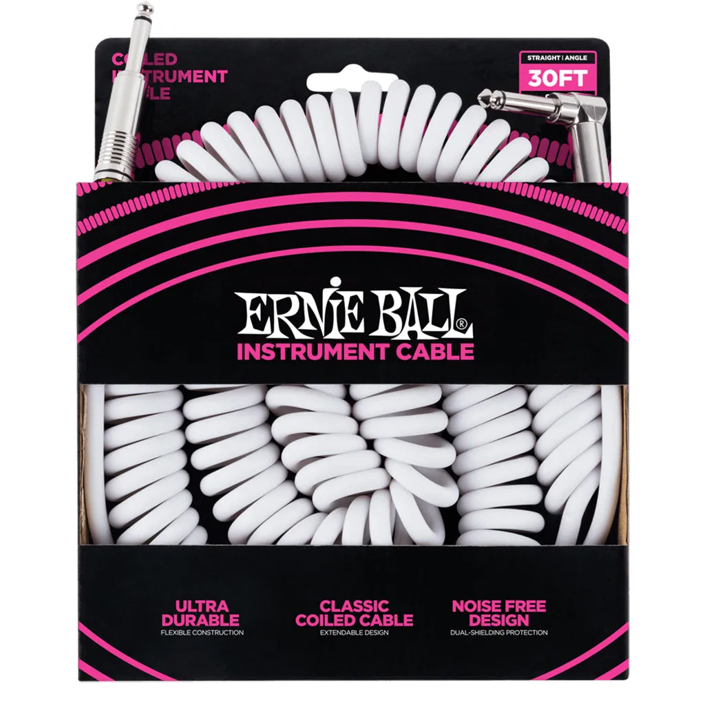 Ernie Ball Coiled Straight Angle Instrument Cable, 9 Meters Length, White