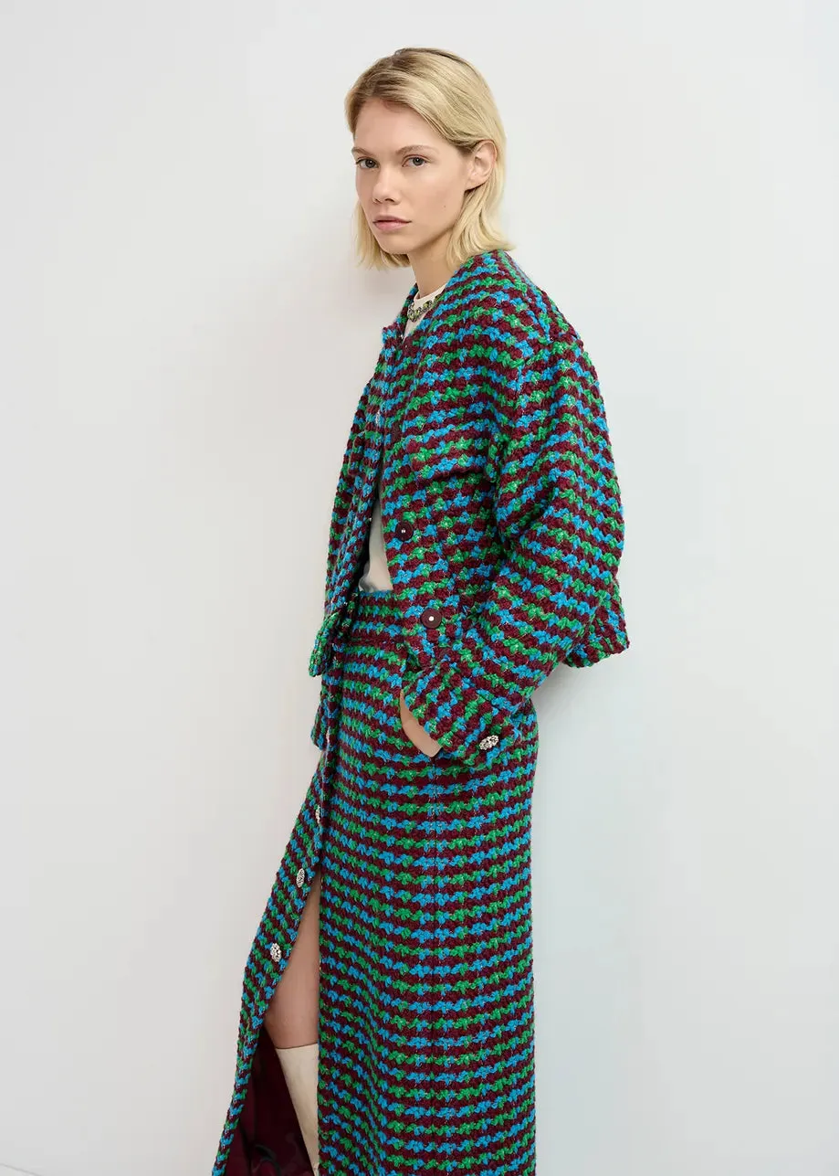 Essentiel Antwerp Burgundy, Blue and Green Wool-Blend Tweed Jacket