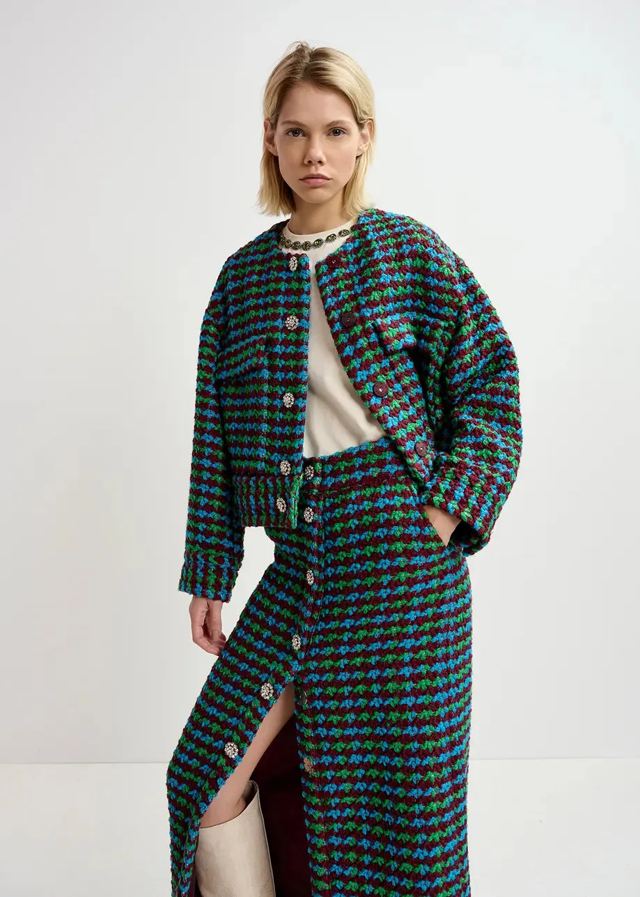 Essentiel Antwerp Burgundy, Blue and Green Wool-Blend Tweed Jacket