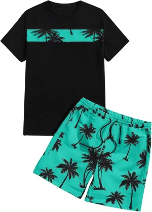 Floerns Men's Shirt and Shorts 2 Piece Sets Graphic Print Beach Outfits