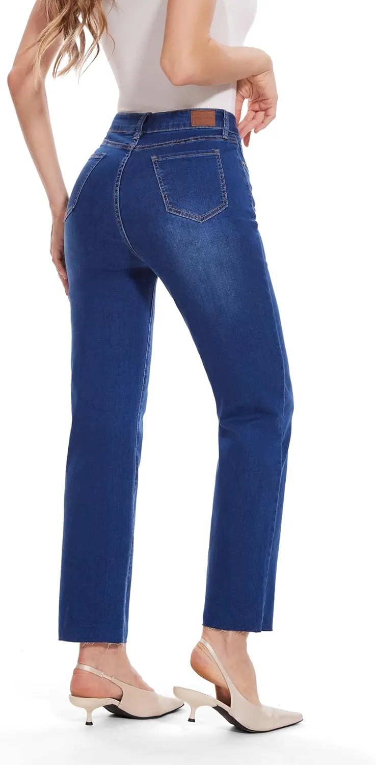 FLYING BANANA Women's High Waisted Straight Slim Ankle Stretch Denim Trendy Jeans