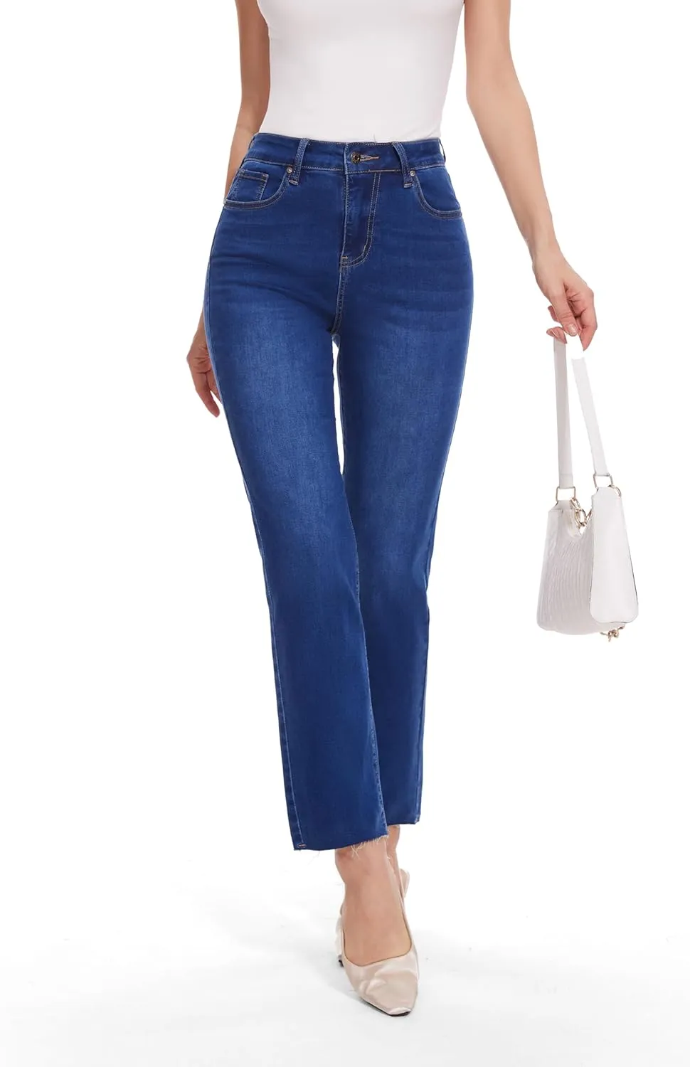 FLYING BANANA Women's High Waisted Straight Slim Ankle Stretch Denim Trendy Jeans