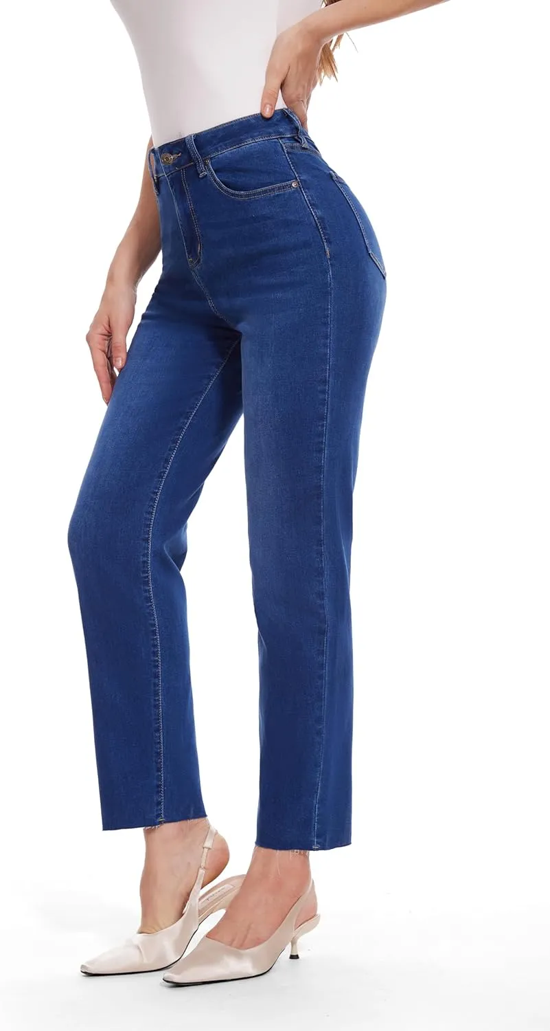 FLYING BANANA Women's High Waisted Straight Slim Ankle Stretch Denim Trendy Jeans