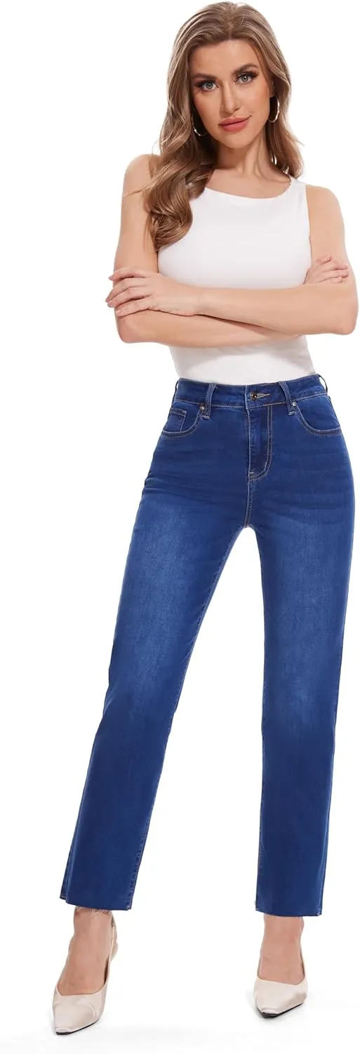 FLYING BANANA Women's High Waisted Straight Slim Ankle Stretch Denim Trendy Jeans