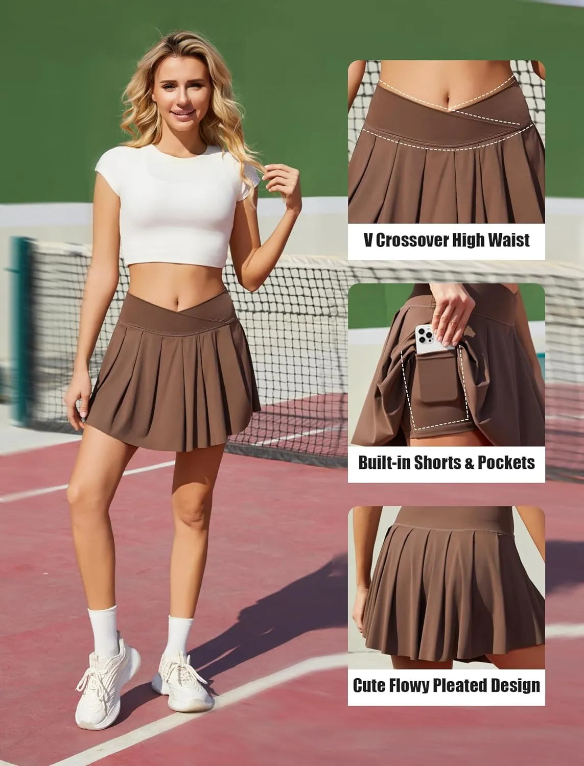 keriffe Womens Tennis Skirt Crossover Pleated Athletic Skirts Shorts with Pockets High Waisted Golf Running Workout Skort