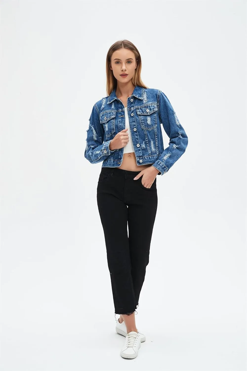 LifeShe Distressed Jean Jacket Women Cropped Button Down Washed Boyfriend Denim Jacket Crop Ripped Coat