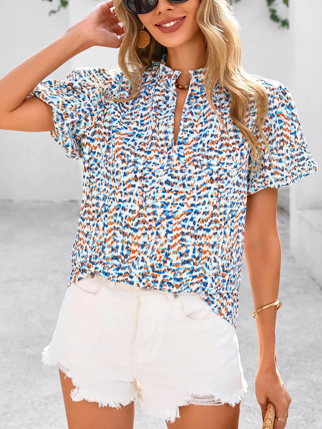 MASCOMODA Boho Short Sleeve Floral Work Blouses for Women Dressy Casual V Neck Puff Sleeve Loose Chiffon Flowy Tops Shirts