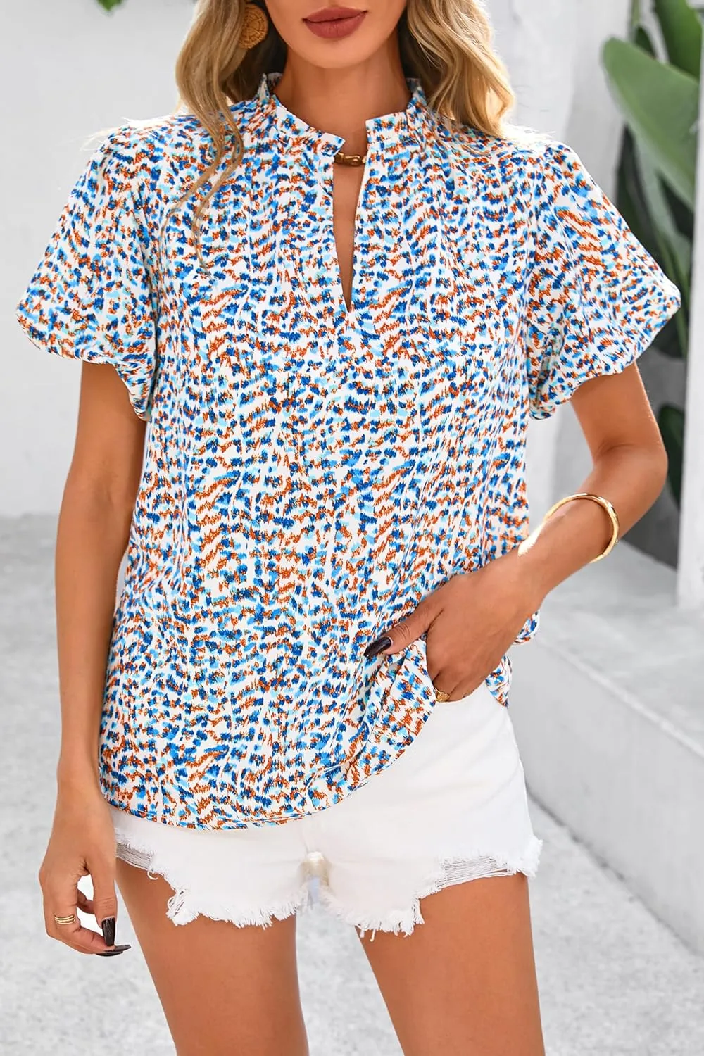 MASCOMODA Boho Short Sleeve Floral Work Blouses for Women Dressy Casual V Neck Puff Sleeve Loose Chiffon Flowy Tops Shirts