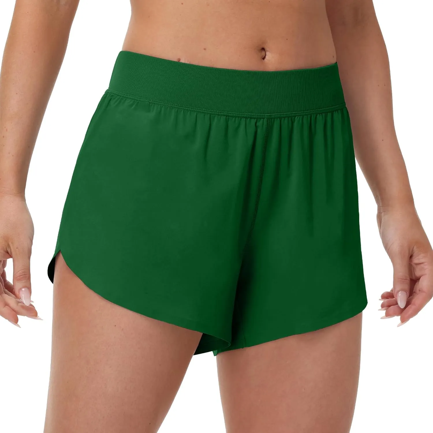 MCEDAR Women's Mid Waist Athletic Running Shorts 4" High Split for Dolphin Shorts with Comfy Mesh Liner for Gym Workout Track