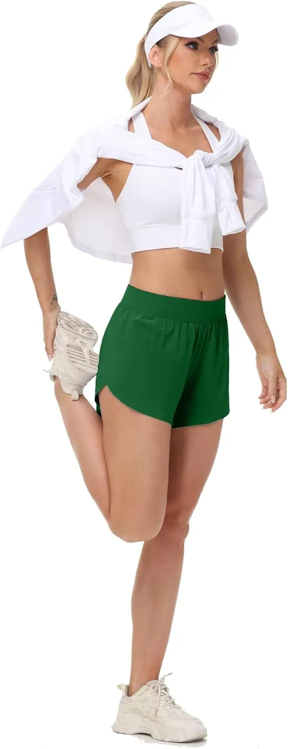 MCEDAR Women's Mid Waist Athletic Running Shorts 4" High Split for Dolphin Shorts with Comfy Mesh Liner for Gym Workout Track