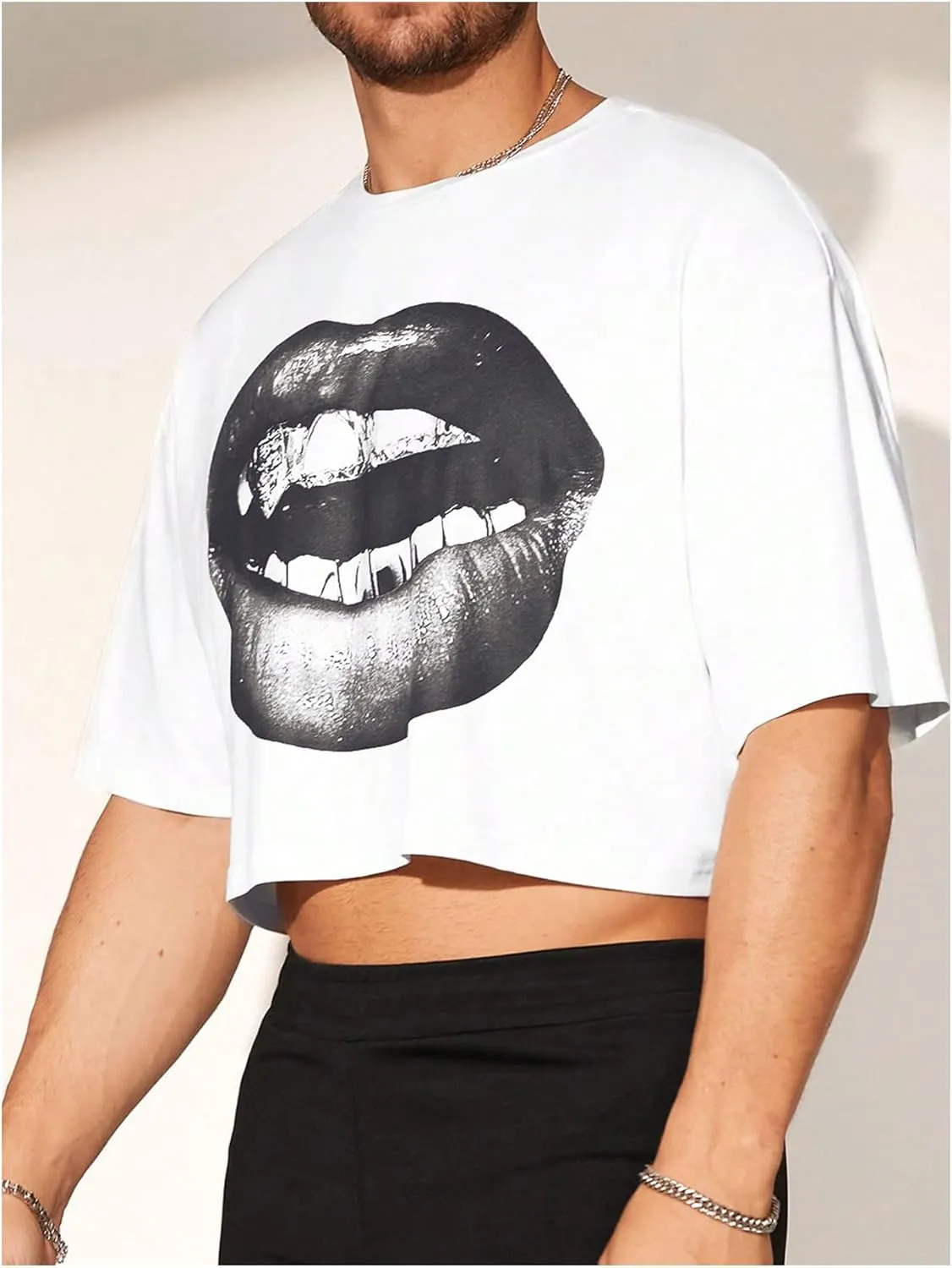 Men's Graphic Tees Short Sleeve Crew Neck Drop Shoulder Cropped T Shirt Summer Funny Tee Shirts