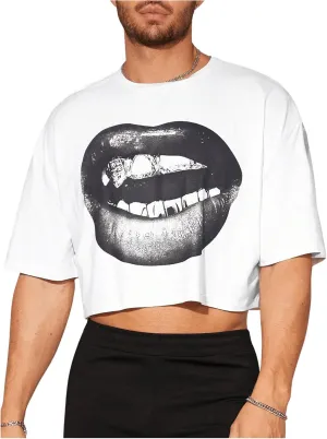 Men's Graphic Tees Short Sleeve Crew Neck Drop Shoulder Cropped T Shirt Summer Funny Tee Shirts