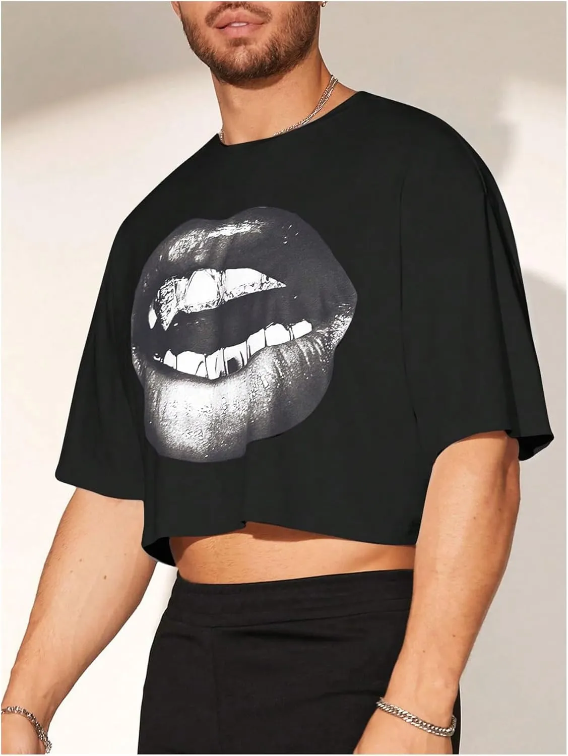 Men's Graphic Tees Short Sleeve Crew Neck Drop Shoulder Cropped T Shirt Summer Funny Tee Shirts