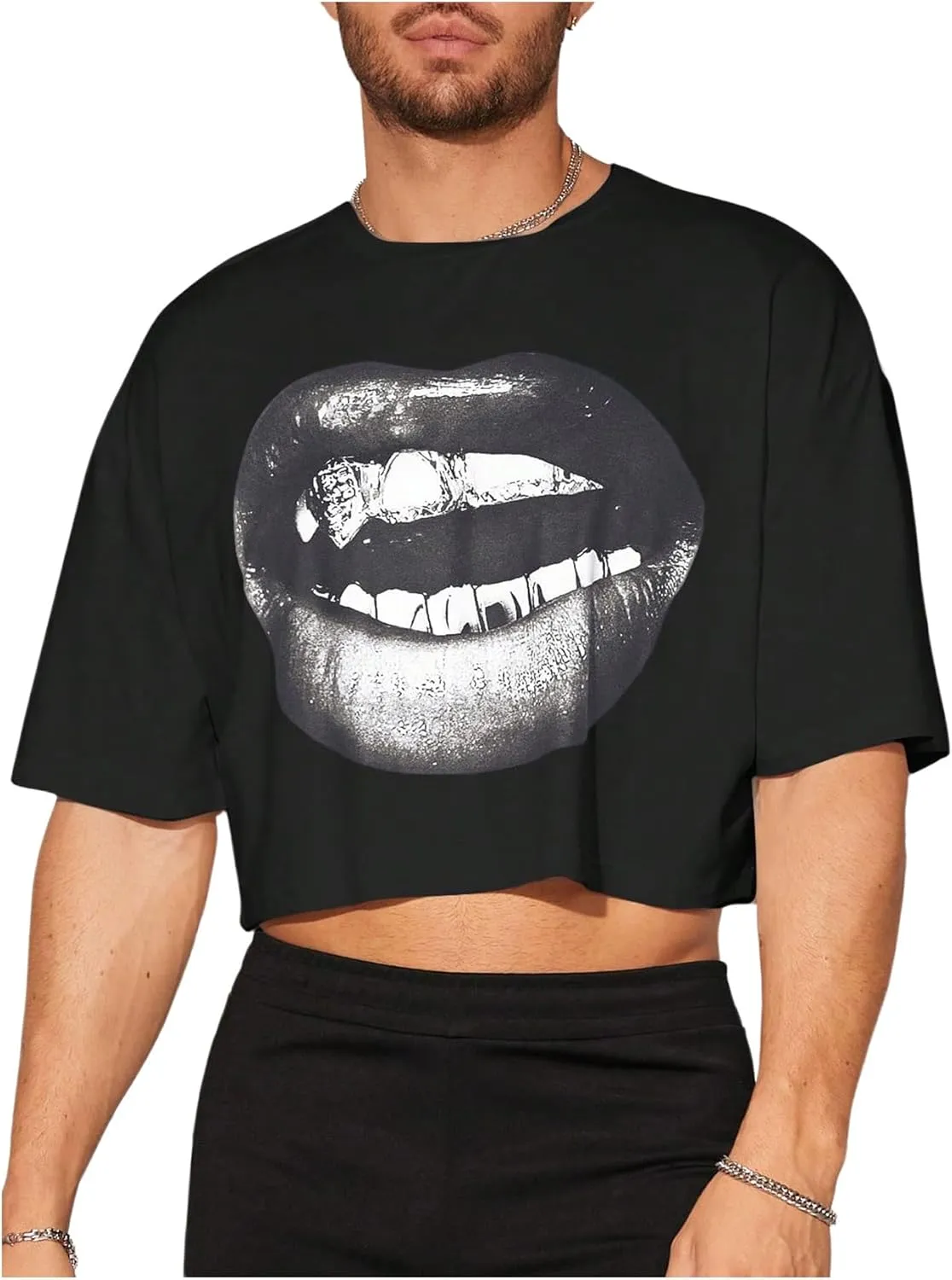 Men's Graphic Tees Short Sleeve Crew Neck Drop Shoulder Cropped T Shirt Summer Funny Tee Shirts
