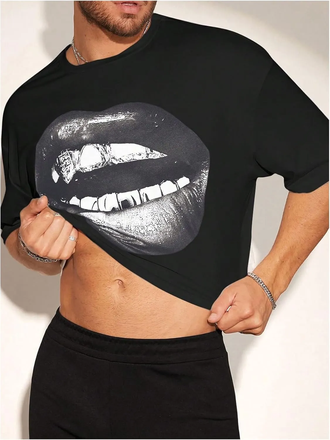 Men's Graphic Tees Short Sleeve Crew Neck Drop Shoulder Cropped T Shirt Summer Funny Tee Shirts