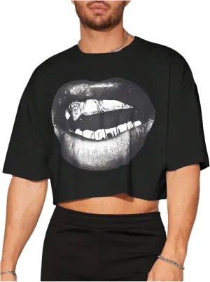 Men's Graphic Tees Short Sleeve Crew Neck Drop Shoulder Cropped T Shirt Summer Funny Tee Shirts