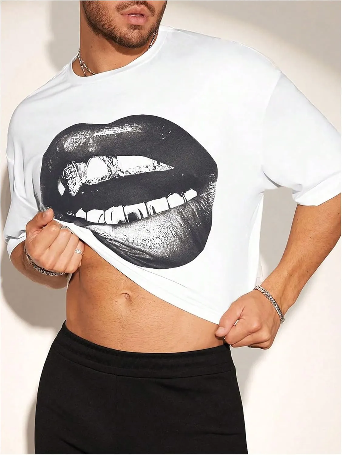 Men's Graphic Tees Short Sleeve Crew Neck Drop Shoulder Cropped T Shirt Summer Funny Tee Shirts