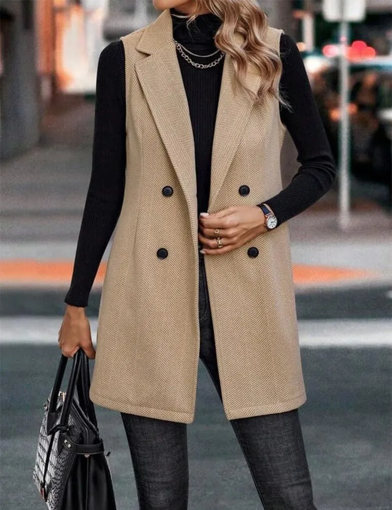 Mywinway Tweed Vest Women 2024 Fall Winter sleeveless Long Herringbone Wool Blazer Jackets Dress Trendy Outerwear