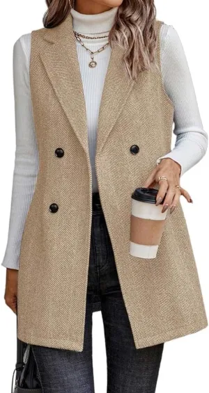 Mywinway Tweed Vest Women 2024 Fall Winter sleeveless Long Herringbone Wool Blazer Jackets Dress Trendy Outerwear