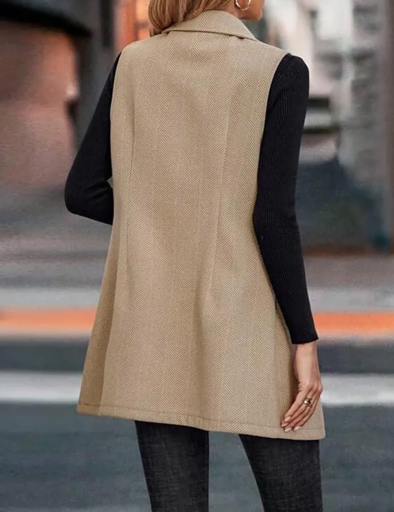 Mywinway Tweed Vest Women 2024 Fall Winter sleeveless Long Herringbone Wool Blazer Jackets Dress Trendy Outerwear